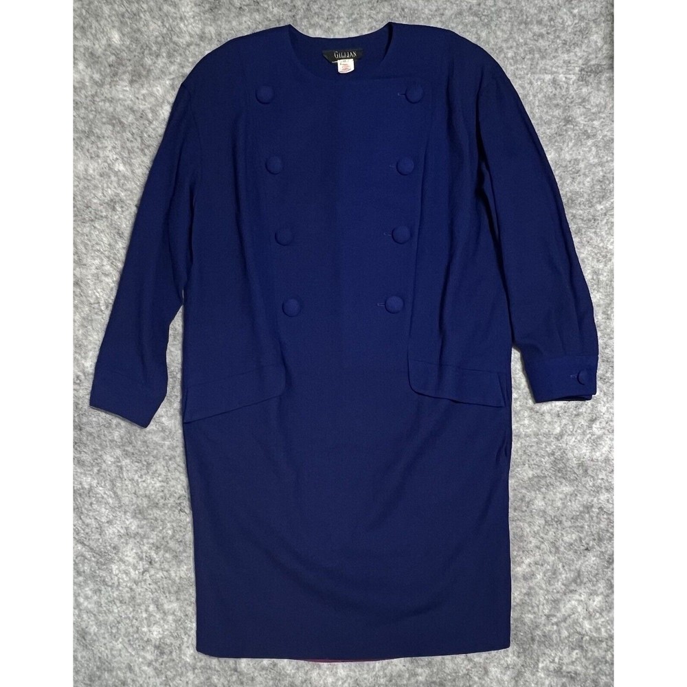 VINTAGE Gillian 100% Pure Wool Shift Dress Women's 14 Blue Union Made in USA